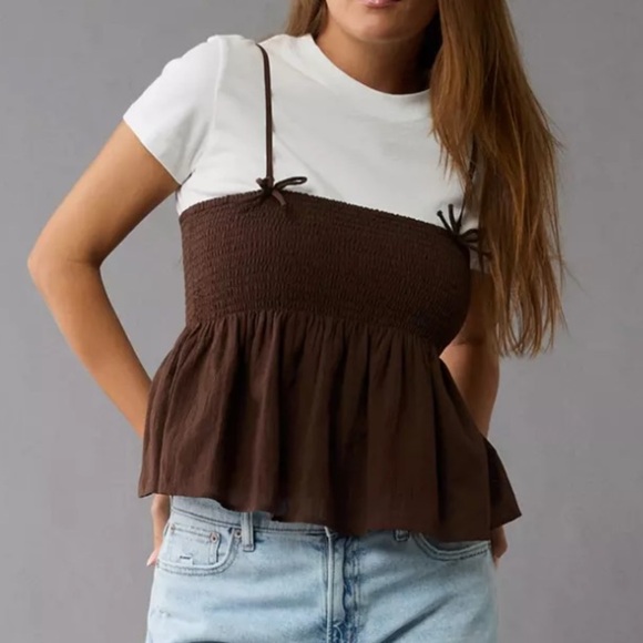 NWT American Eagle Smocked Babydoll Bow Tank Top - Picture 1 of 9